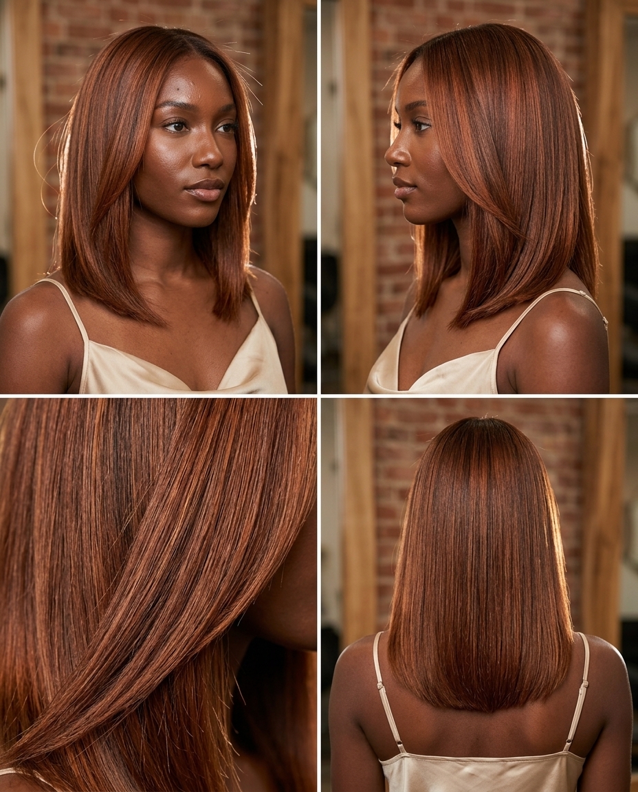 shoulder-length metallic bronze lob haircut with blunt ends and side part for chic look