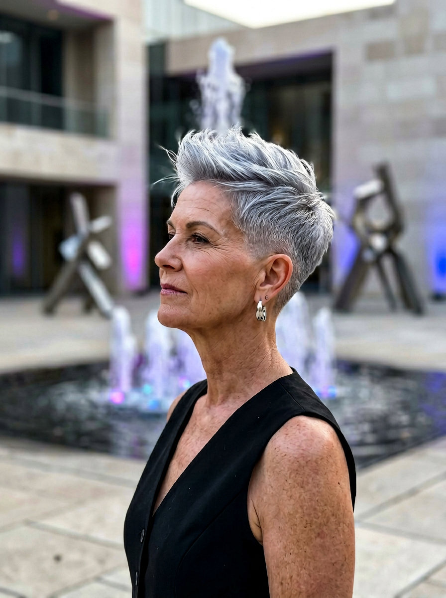 very short pixie haircut with metallic silver, tapered sides, sculpted top — bold event