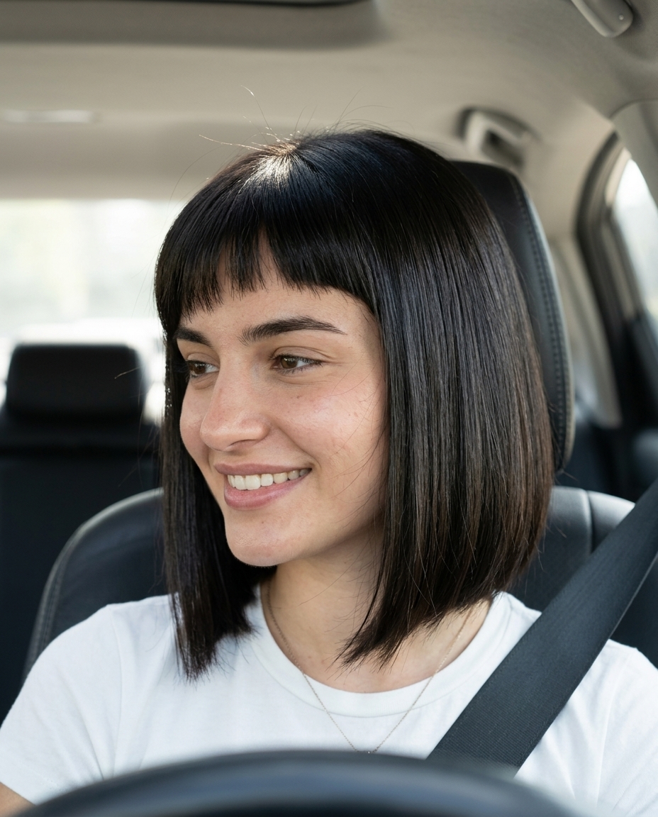 Avant-Garde Midnight Bob with Asymmetrical Fringe 2026 chin-length asymmetrical bob haircut with midnight espresso, micro-fringe, and sharp perimeter for summer