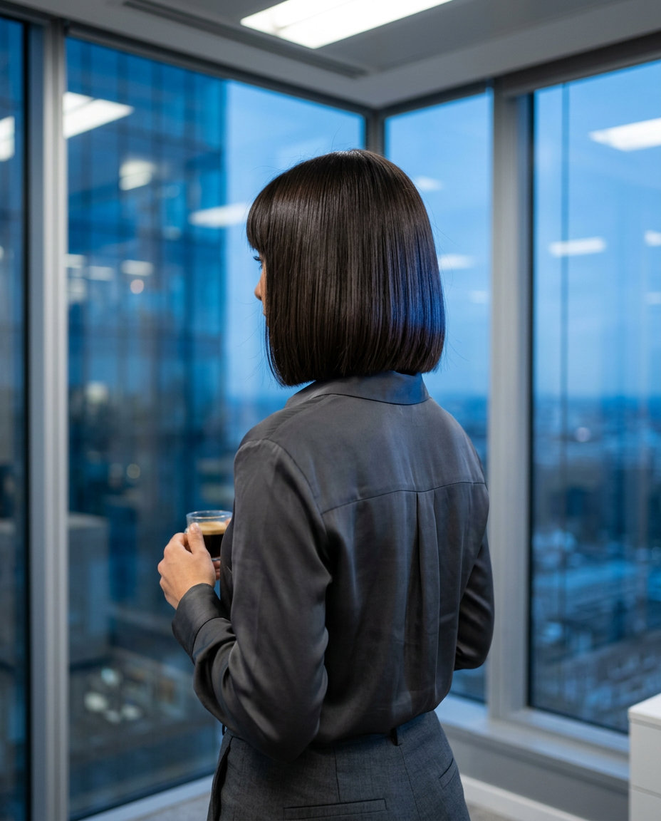 Sleek Midnight Espresso Bob with Blunt Bangs 2026 chin-length blunt bob haircut with midnight espresso, precise blunt cut, and full blunt bangs for summer