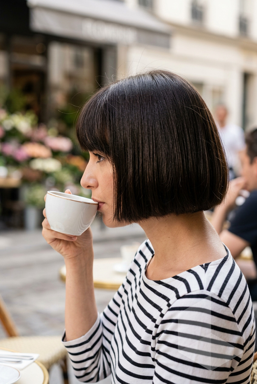 Parisian Chic Bob with Full Fringe 2026 collarbone-length blunt bob haircut with midnight espresso, clean perimeter, and broken fringe for summer