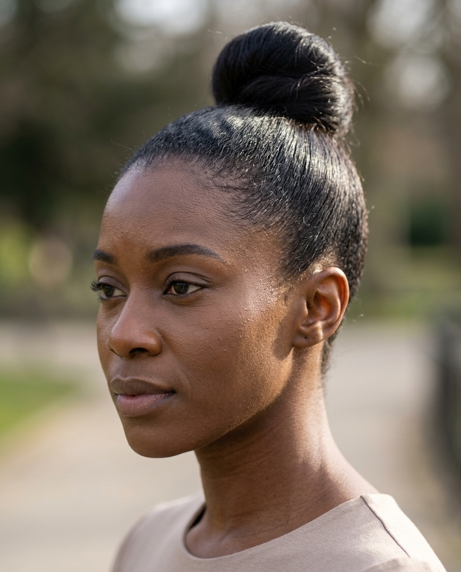 Chic Sleek Top Knot 2026 long sleek top knot with deep midnight espresso, high-gloss finish, and sculpted baby hairs for sophistication