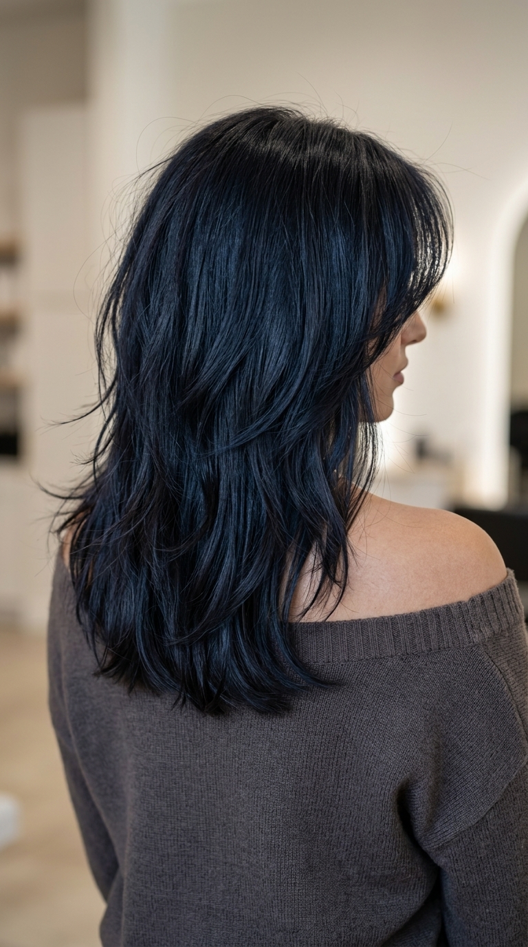 medium-long messy shag haircut with midnight espresso color, point-cut layers, and wispy fringe for summer