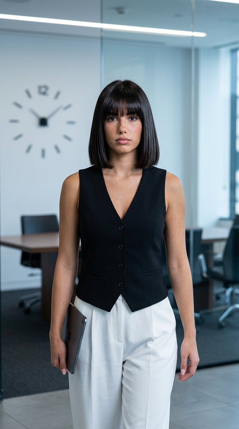 The Midnight Executive Bob with Fringe 2026 neck-length Italian bob haircut with midnight espresso, blunt perimeter, and full blunt fringe for summer