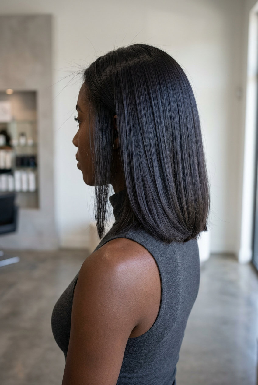 collarbone-length blunt lob in midnight mocha cool brunette with blue-violet undertones, global color application — sophisticated corporate gala