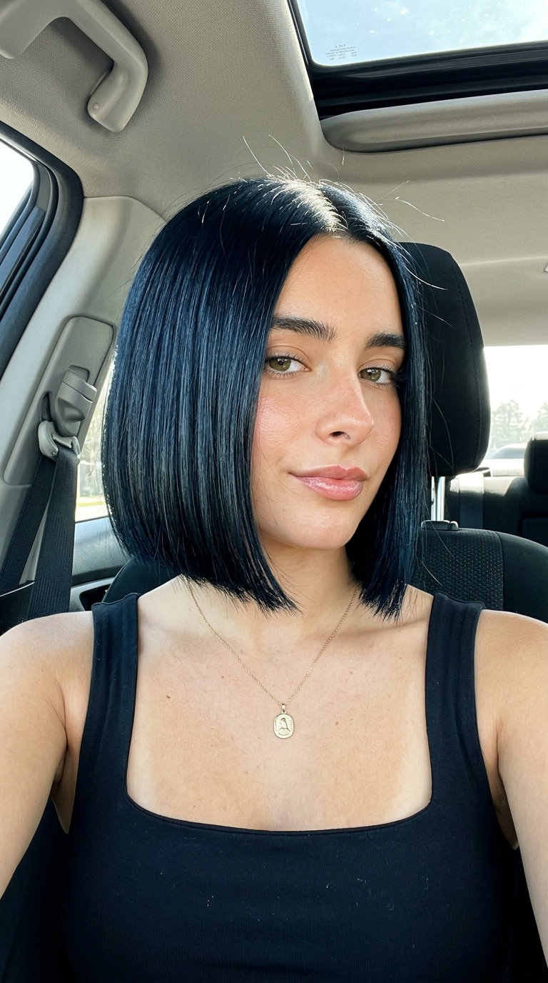 short blunt bob with Midnight Onyx color, sharp perimeter, and no layers for professional events