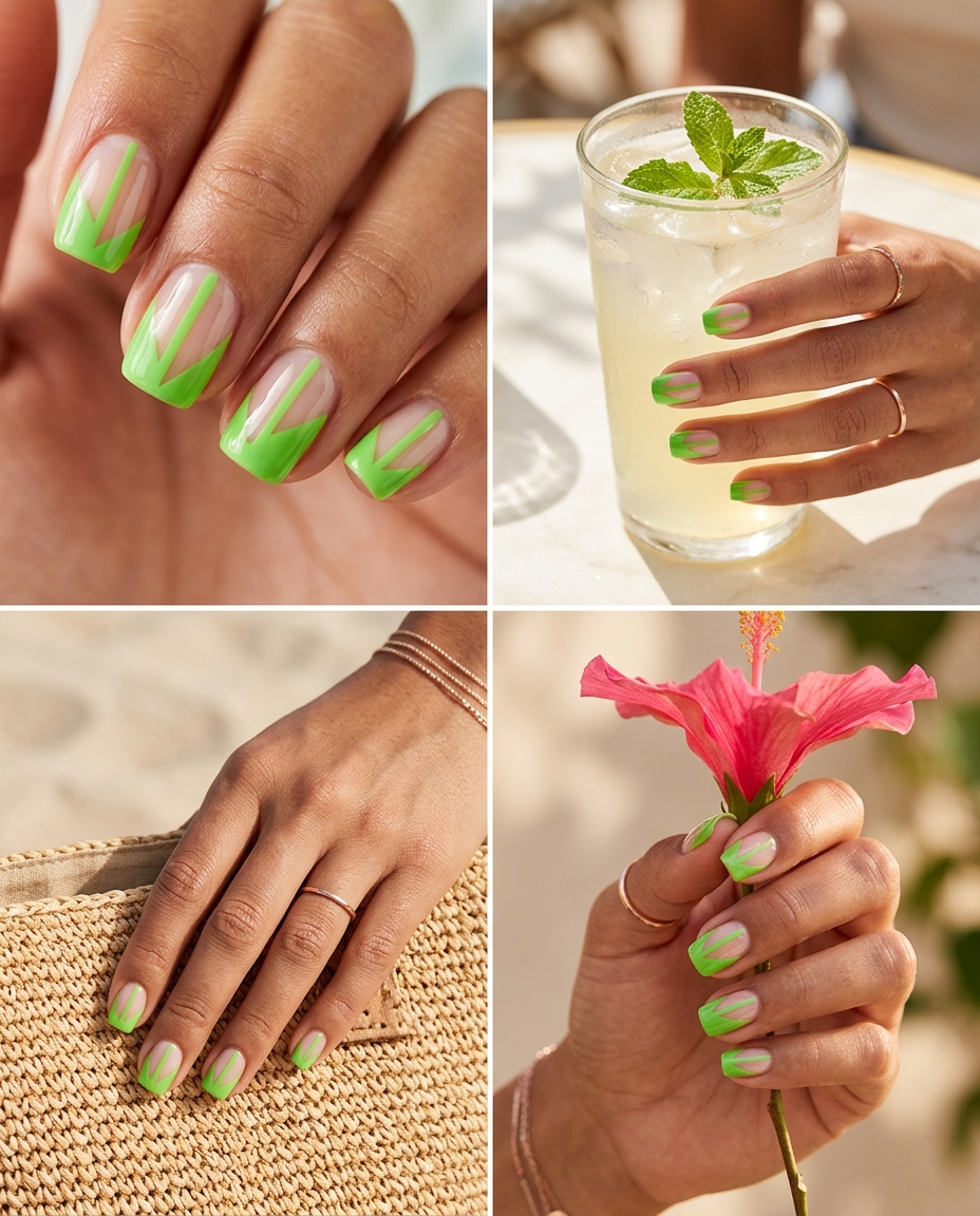 Minimalist Lime Geometric Nails: Casual Chic 2026 Minimalist lime green geometric design on short squoval nails with negative space. Cute summer nails 2026 for casual wear.