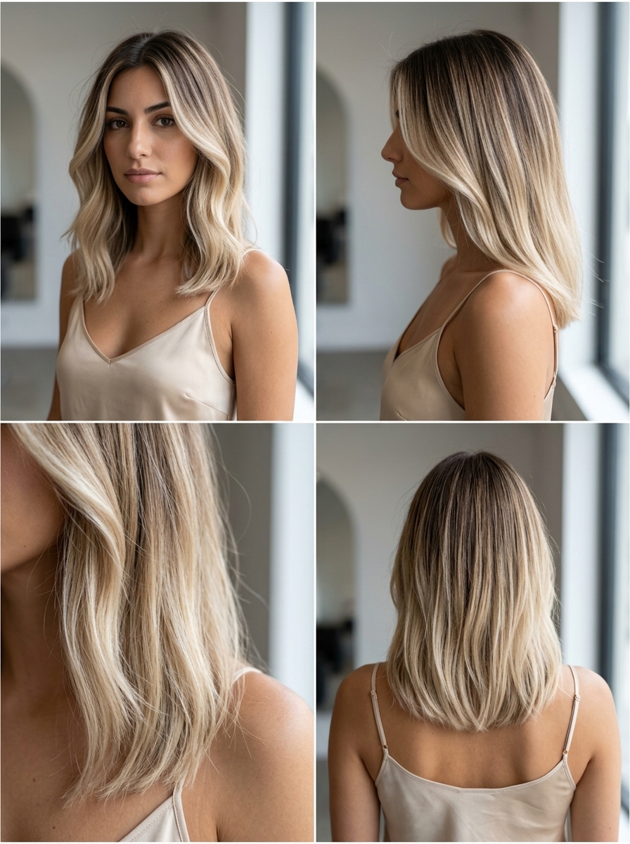 long layered ombre with creamy blonde, deep mocha shadow root, seamless melt — modern sophisticated look