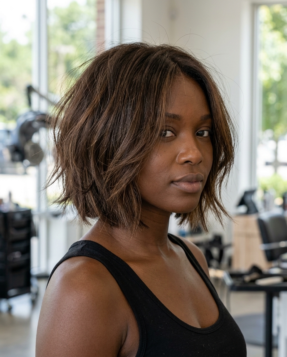 shoulder-length mocha brown layered bob with subtle caramel undertones and piecey ends for casual days