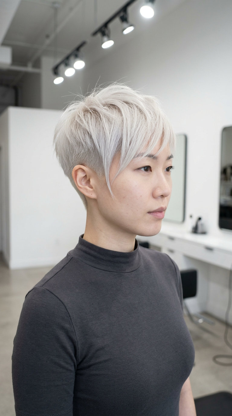 Modern Platinum Pixie Crop 2026 short asymmetrical pixie with clipper faded sides, textured top — modern minimalist edge