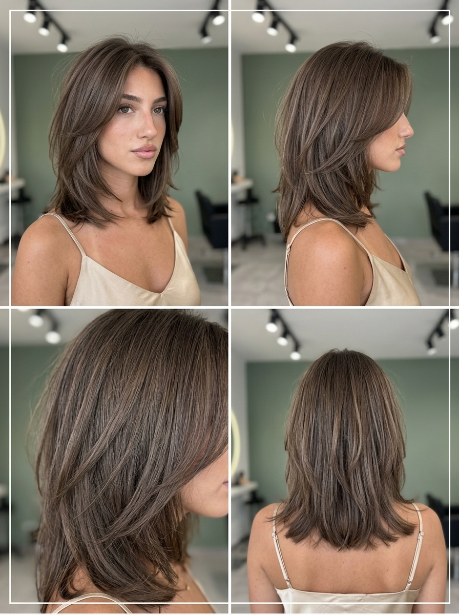Cool Girl Mushroom Ash Wolf Cut 2026 mid-length shaggy wolf cut with mushroom ash brown, diffused layers and feathered face-frame for office