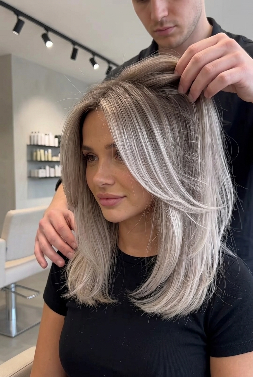 long mushroom blonde ombre with ash blonde ends and root smudge, cool toned for summer 2026
