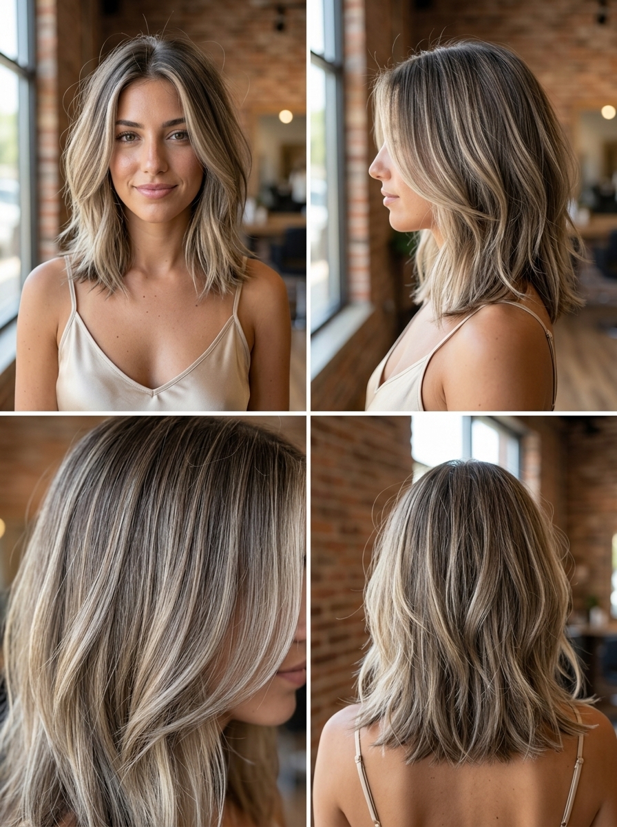 collarbone-length lob with mushroom bronde balayage, ash brown to cool blonde, choppy layers — beachy
