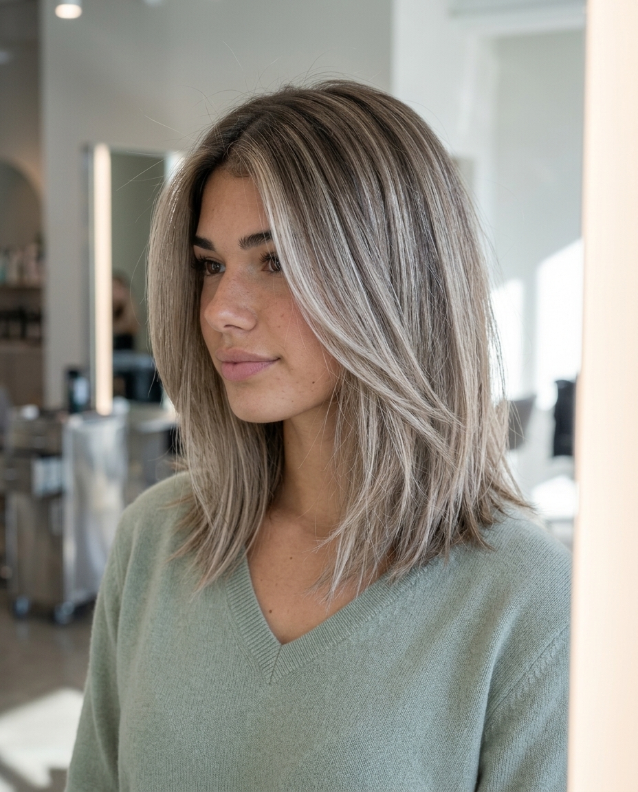 collarbone-grazing lob haircut with mushroom bronde & icy highlights, shattered ends, side part — effortless summer
