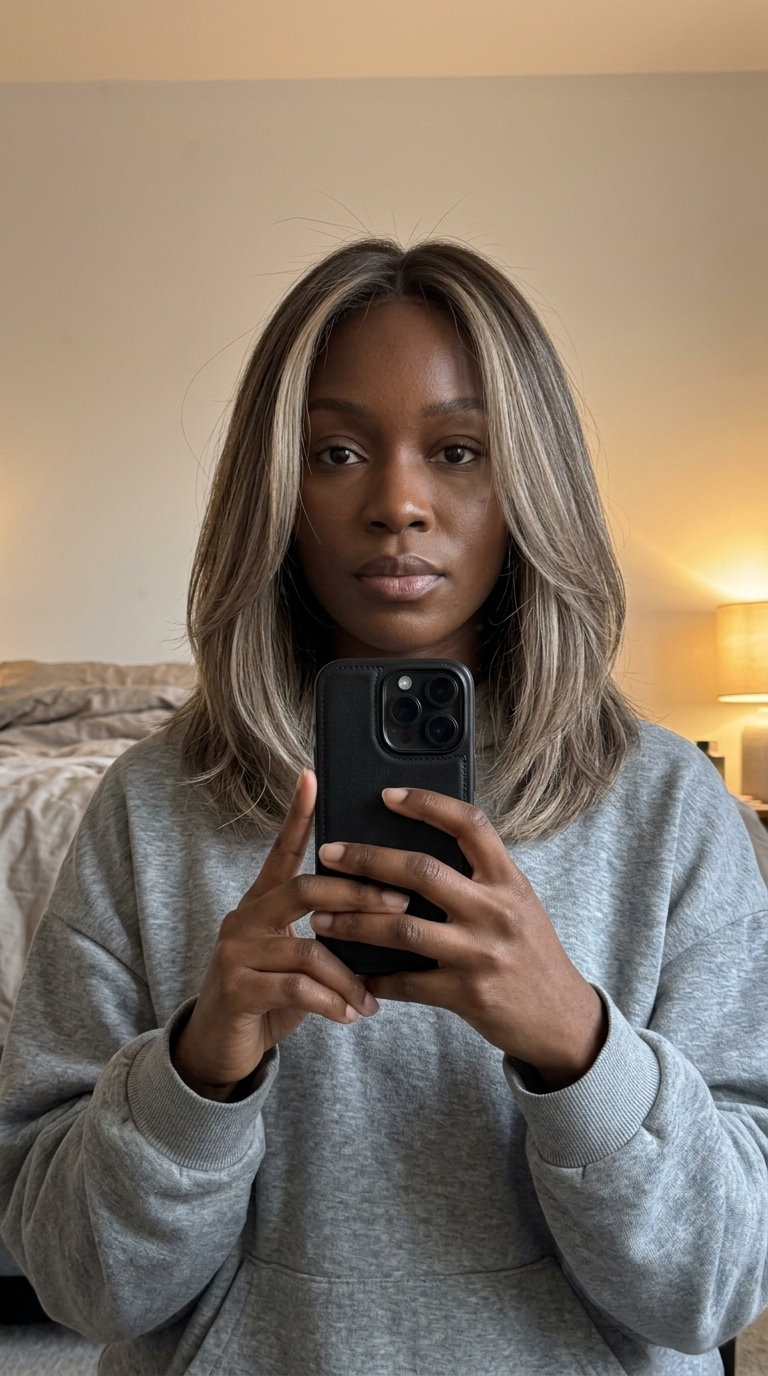 collarbone-length midi-cut with mushroom bronde balayage, ash brown base, internal layers — minimalist