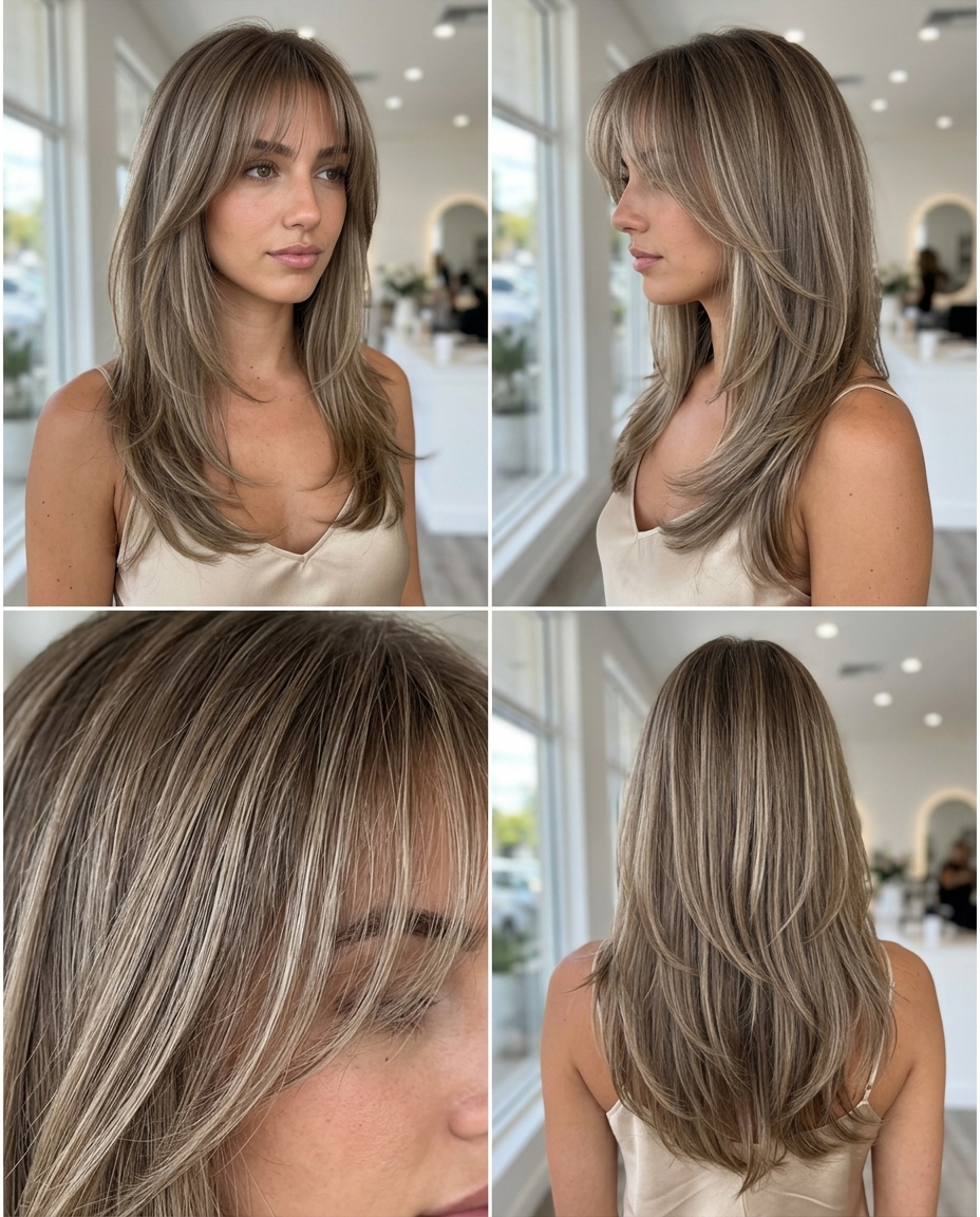 long layered haircut with mushroom bronde & icy highlights, wispy Birkin bangs — chic summer