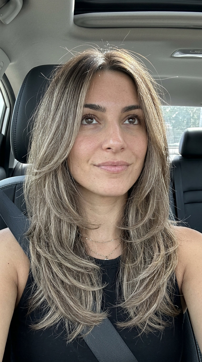 long messy shag haircut with mushroom bronde color, graduated layers, and wispy bangs for summer