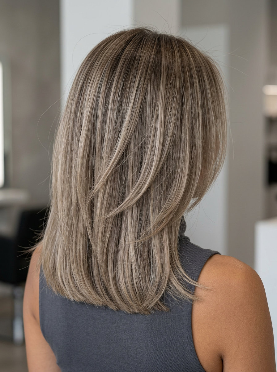 Ghost Layered Medium: Mushroom Bronde 2026 medium ghost layered haircut in mushroom bronde with babylights and root smudge for daily wear