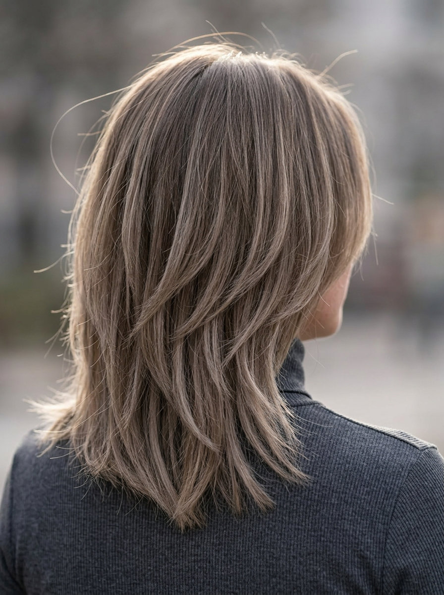 Mushroom Bronde Shag Lob Haircut 2026 medium layered shag lob haircut with mushroom bronde, cool ash tones, and eye-grazing bangs for weekends