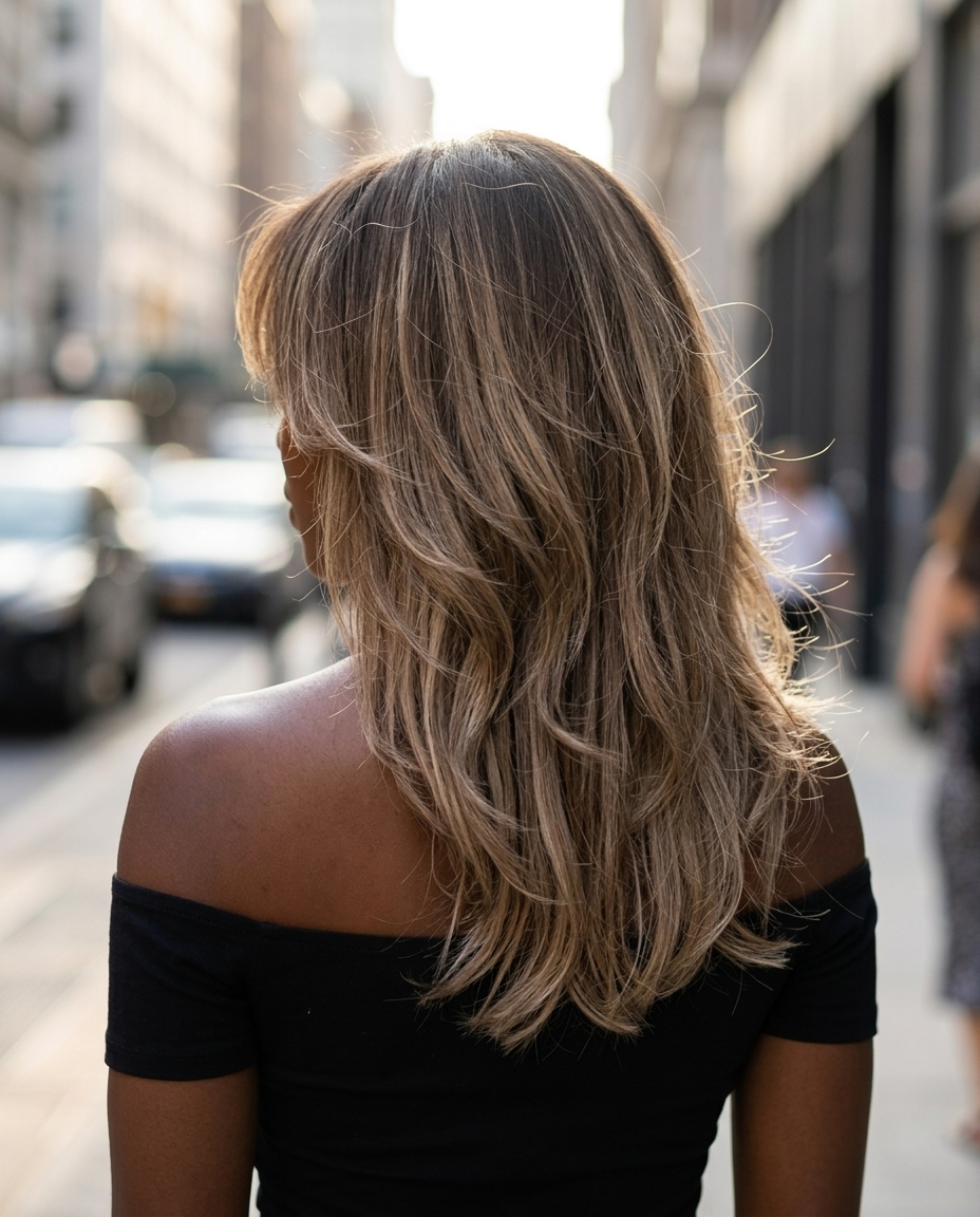 medium-long messy shag haircut with mushroom bronde color, textured layers, and curtain bangs for summer