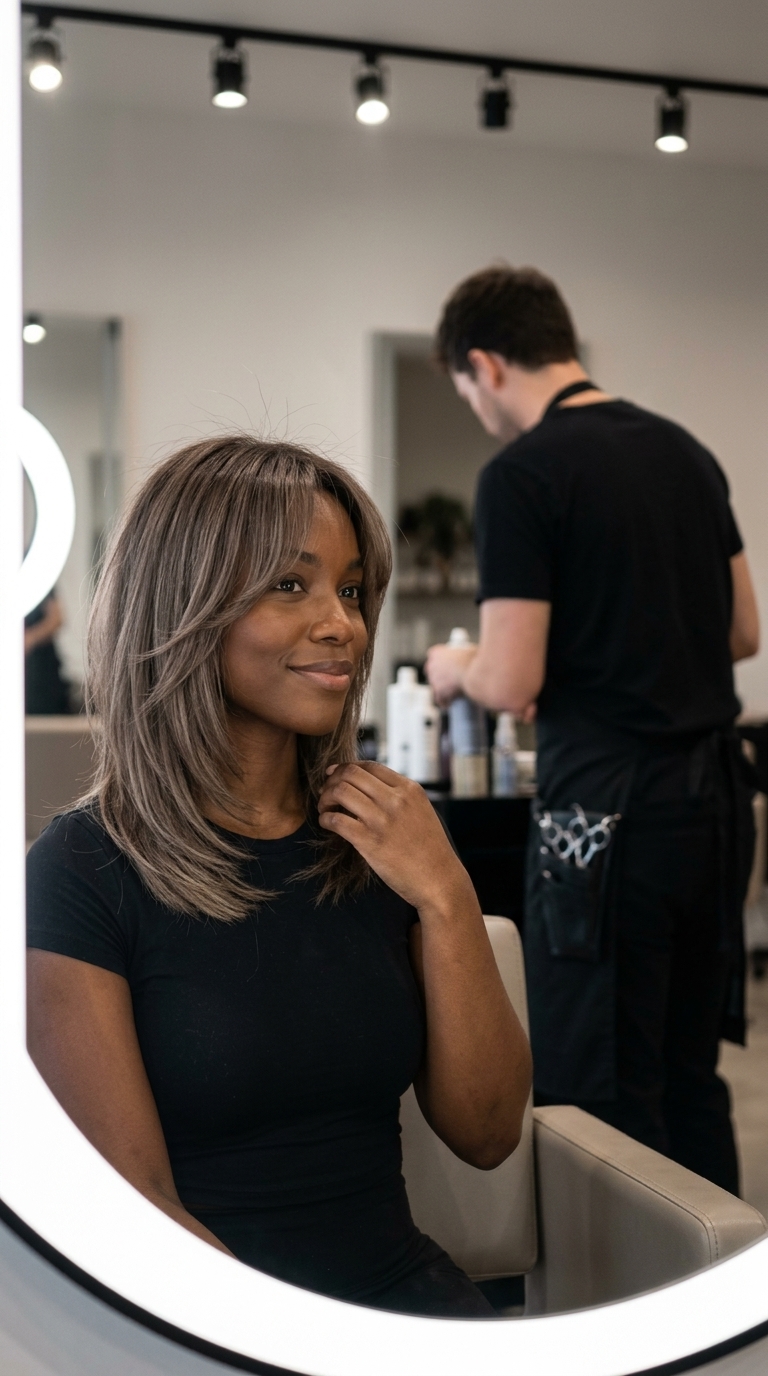 medium mushroom bronde shag with ash beige balayage, invisible layers, wispy curtain bangs — effortless professional zoom calls