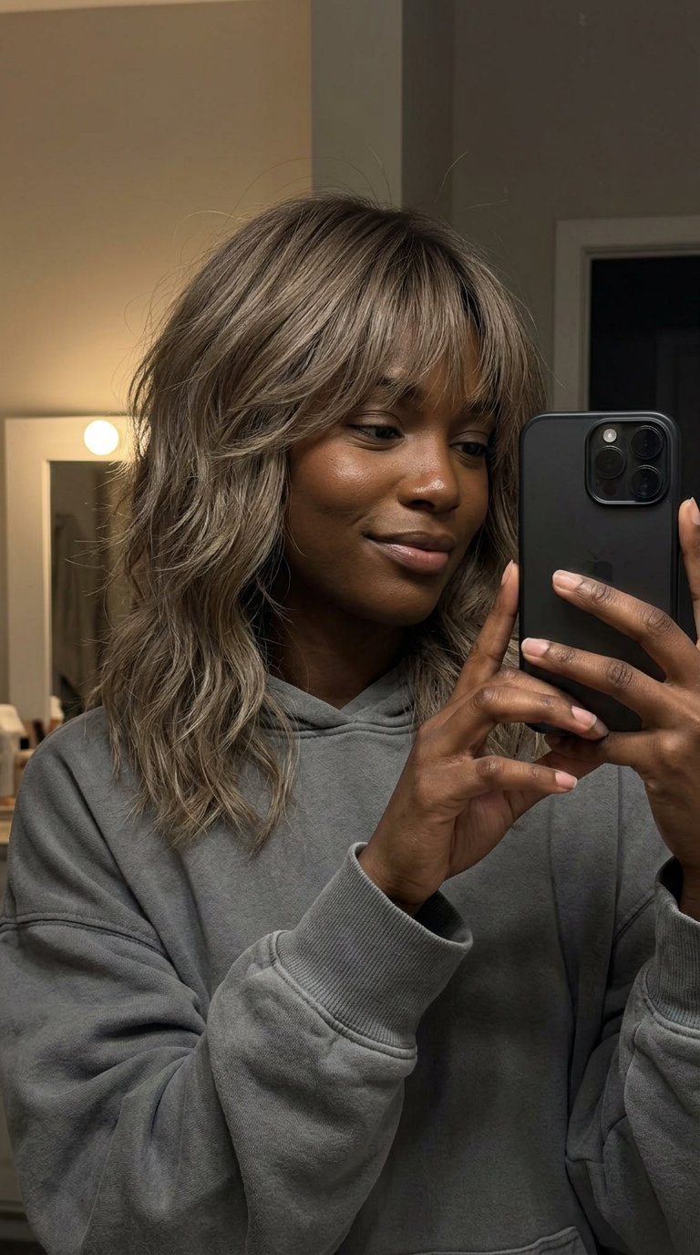 Mushroom Bronde Shag: Cool Tones 2026 medium shag haircut in mushroom bronde with ash brown roots and piecey fringe for weekend casual