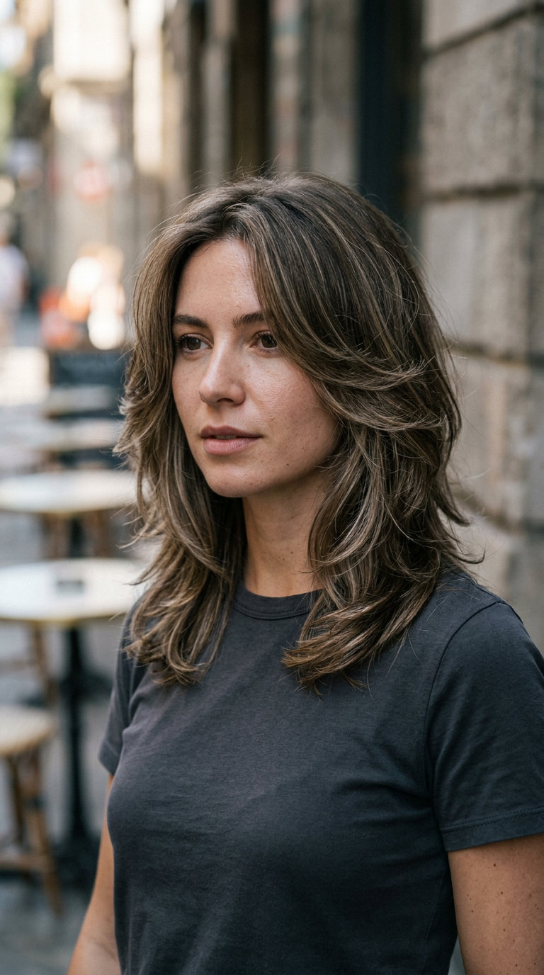 mid-length butterfly haircut with cool-toned mushroom bronde and smoky root, diffused ghost layers, soft U-cut back for effortless look