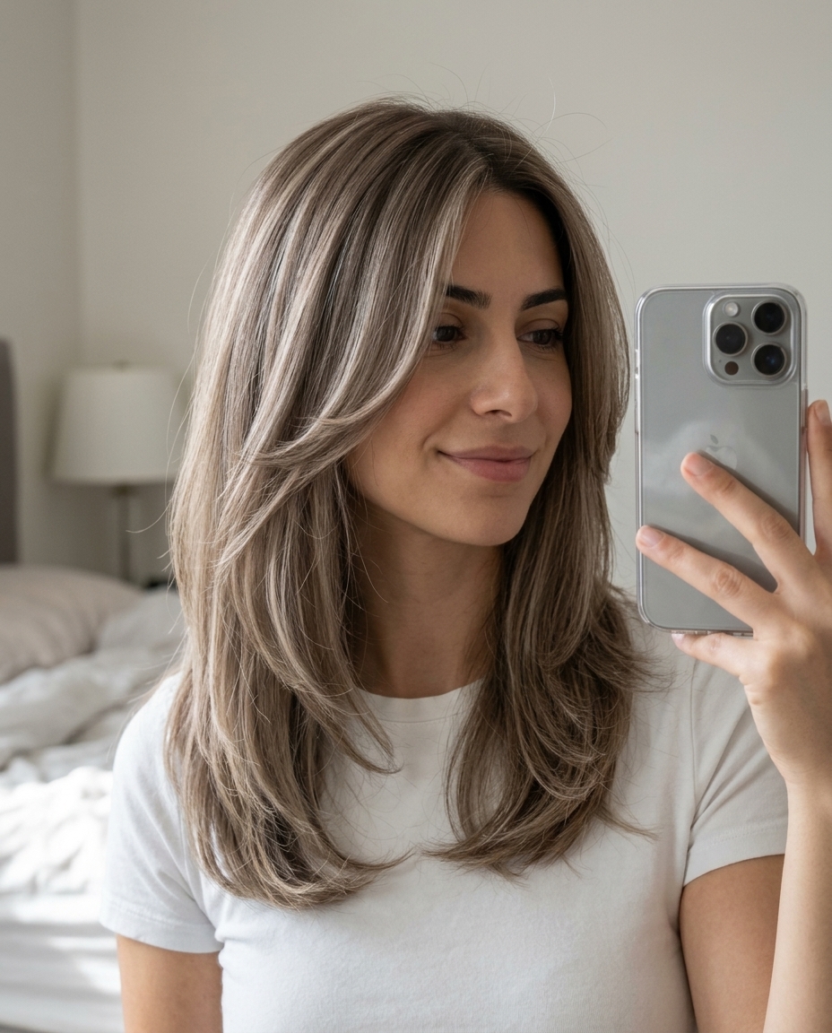 mid-length haircut with mushroom bronde & ash blonde highlights, inward-curving face-framing layers — versatile summer