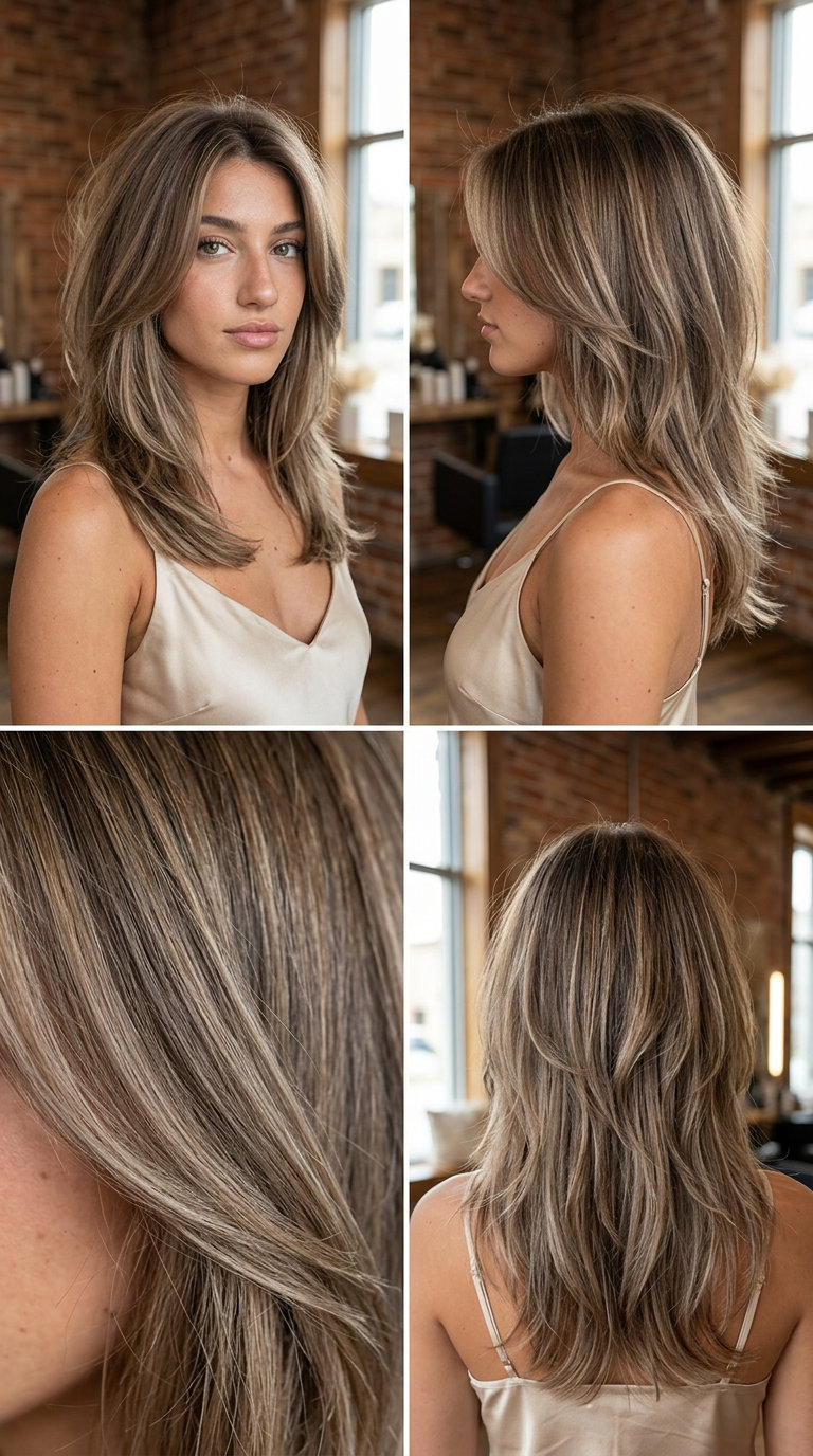 Airy Mushroom Bronde Shag for Thin Fine Hair 2026 mid-length mushroom bronde shag with diffused internal layers and face-framing for summer
