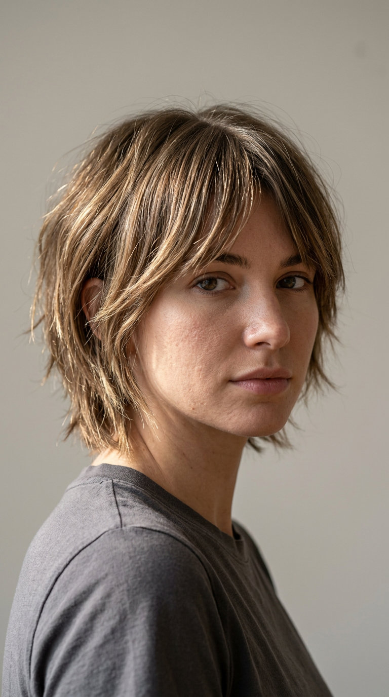 short mushroom bronde bixie razor bob with ash babylights and razored shag texture, edgy mood