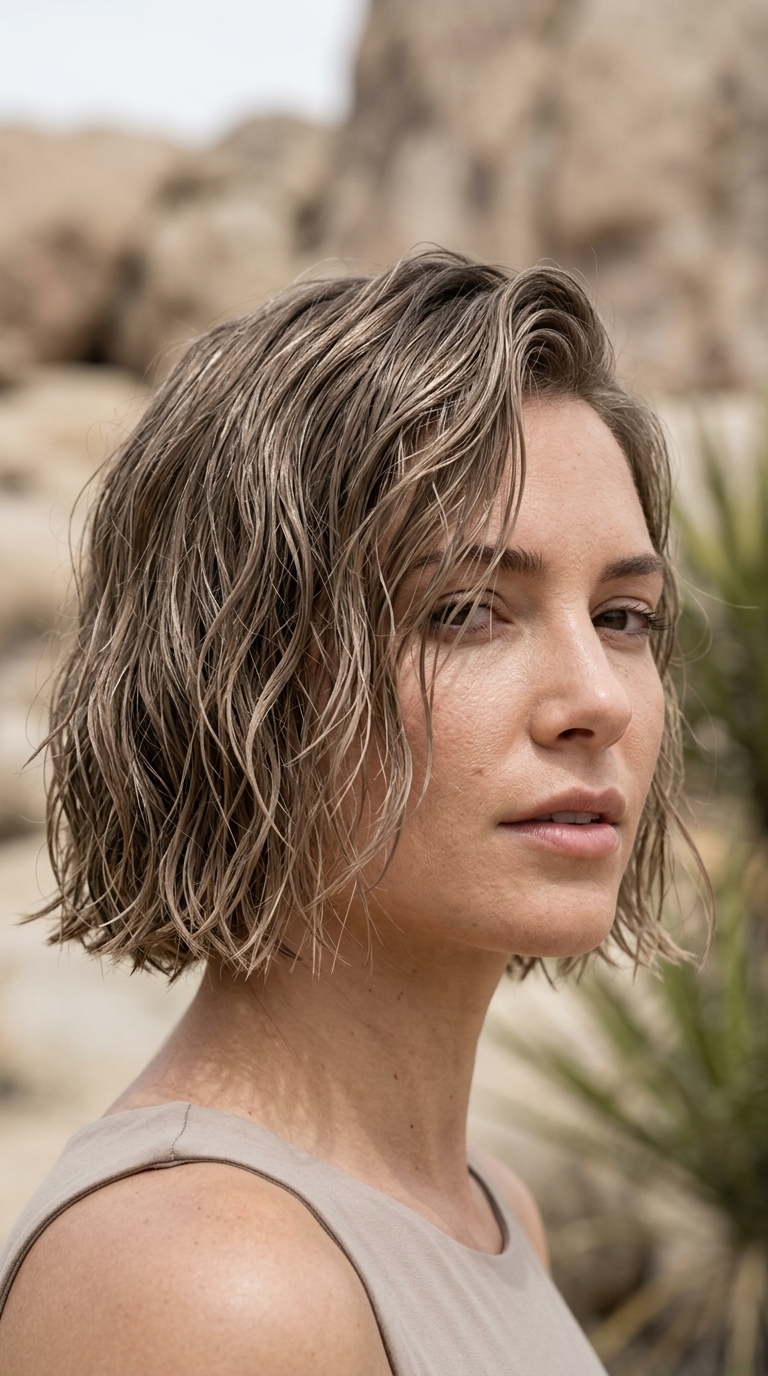 Desert Dew Bob 2026 short mushroom bronde bob with ash undertones, razored texture, center part — bold beach vacation