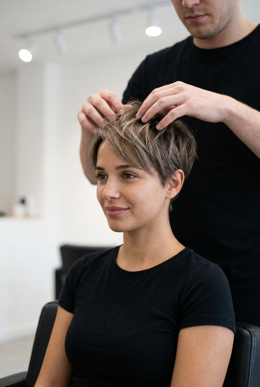 Mushroom Bronde Pixie 2026 short pixie haircut with mushroom bronde, ash micro-lowlights, and textured edges for summer