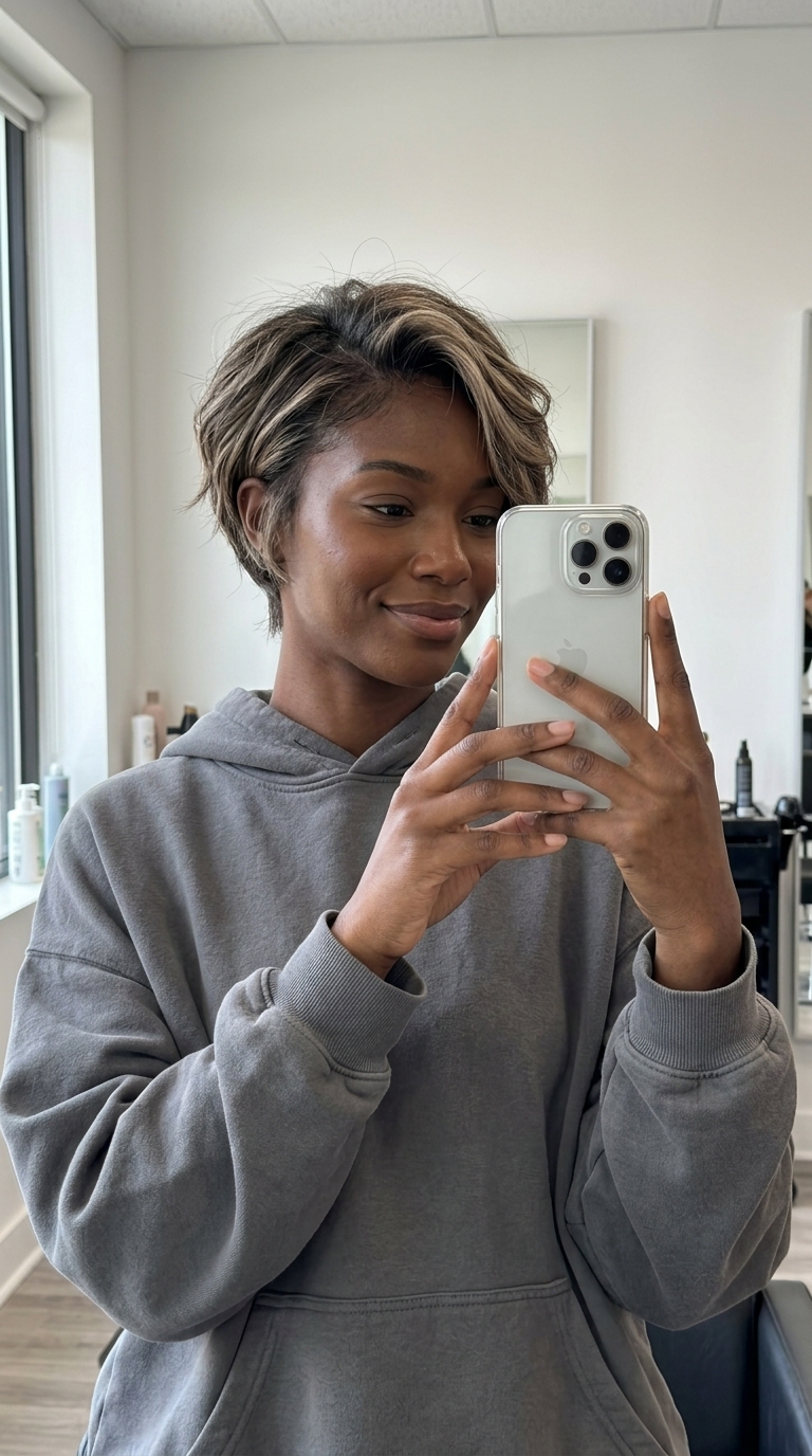 short mushroom bronde pixie with cool beige and warm sand tones for summer