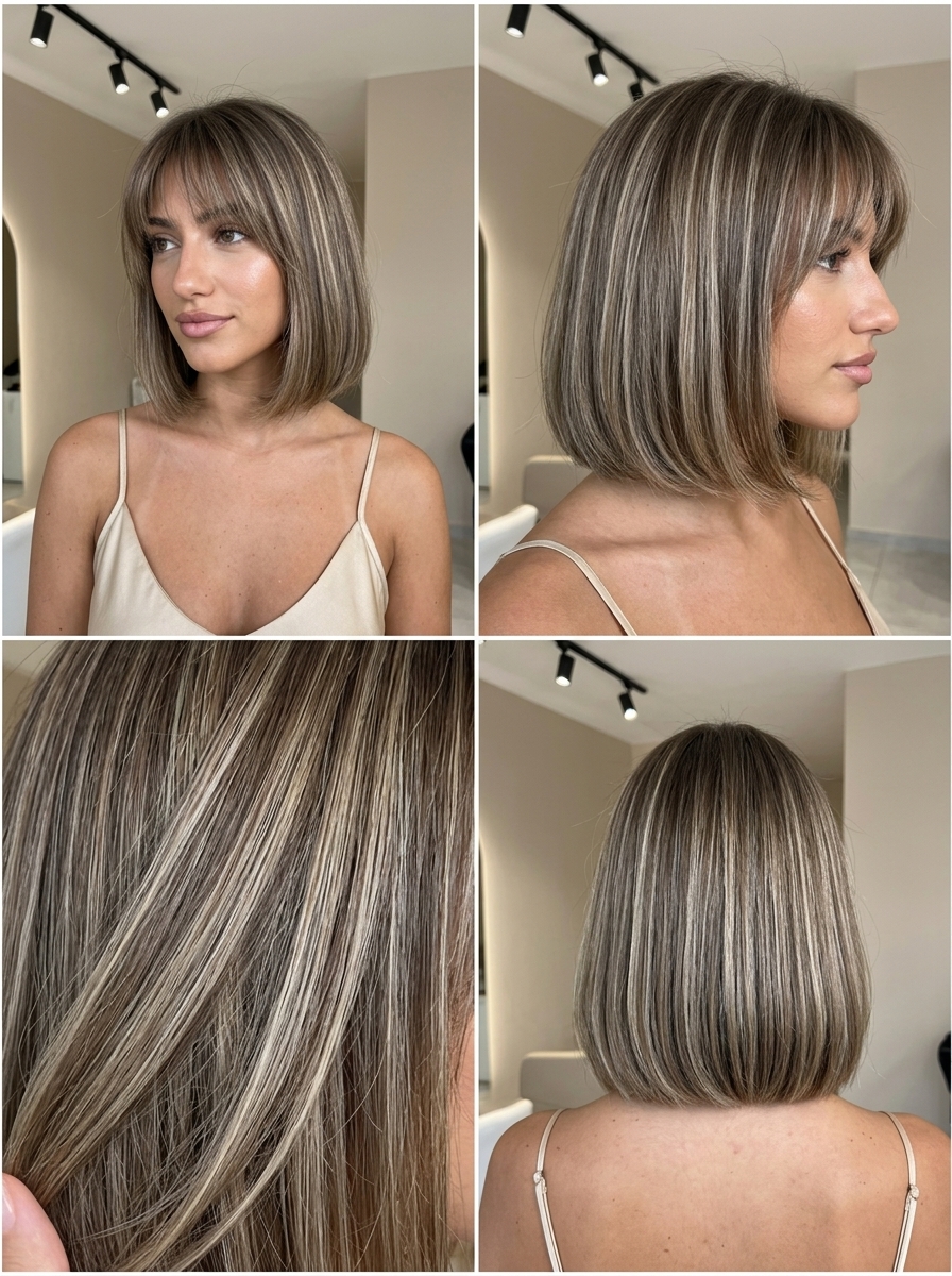 Executive Bronde Bob with Wispy Bangs 2026 shoulder-length mushroom bronde bob haircut with wispy bangs for summer