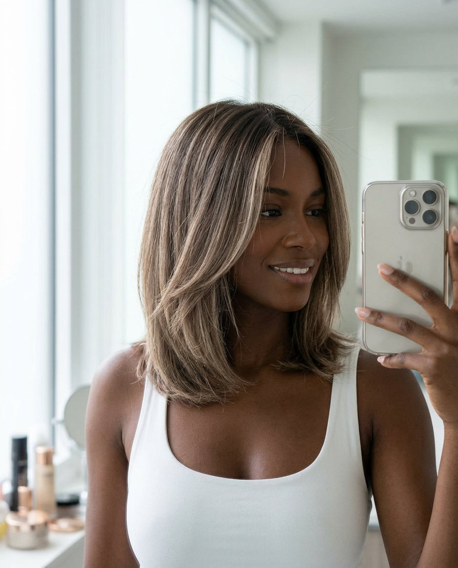 Mushroom Bronde Lob for Thin Fine Hair 2026 shoulder-length mushroom bronde lob with textured layers and subtle face-framing for summer