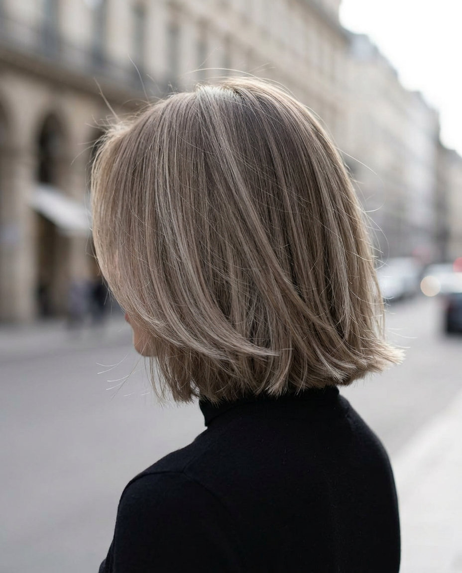 shoulder-length bronde razor bob with ash babylights and razored ghost layers, relaxed mood