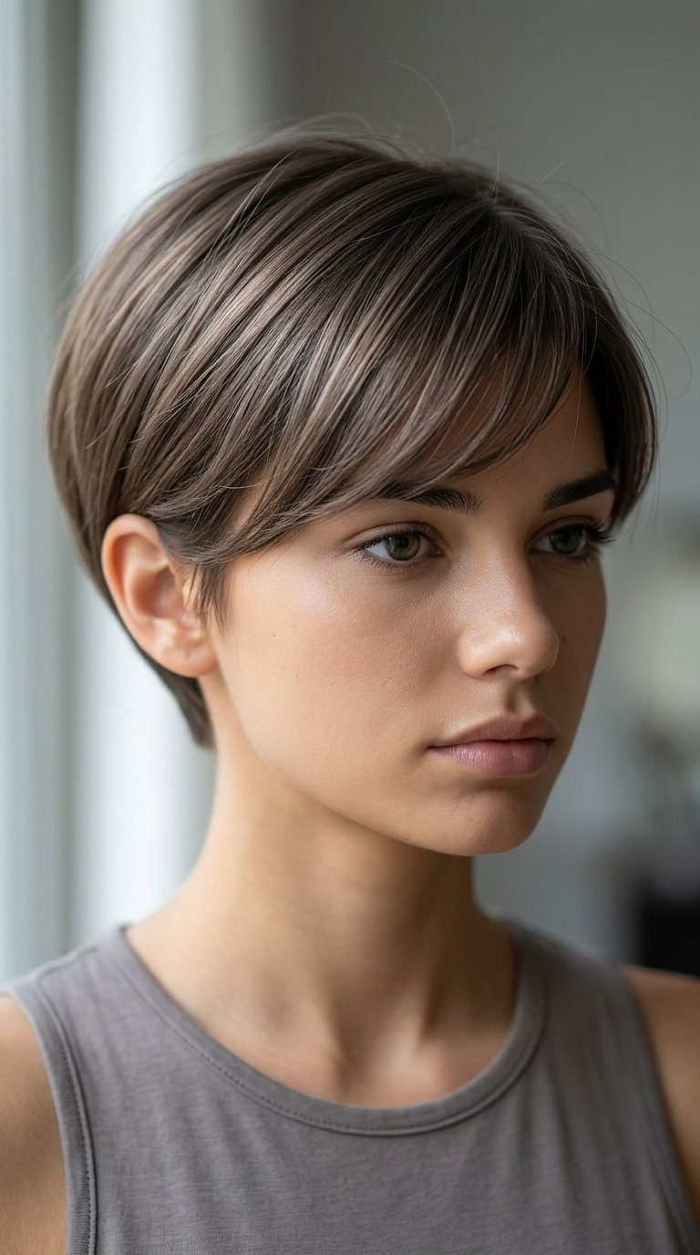 very short pixie haircut in mushroom bronze with ash undertones and side-swept fringe for professional