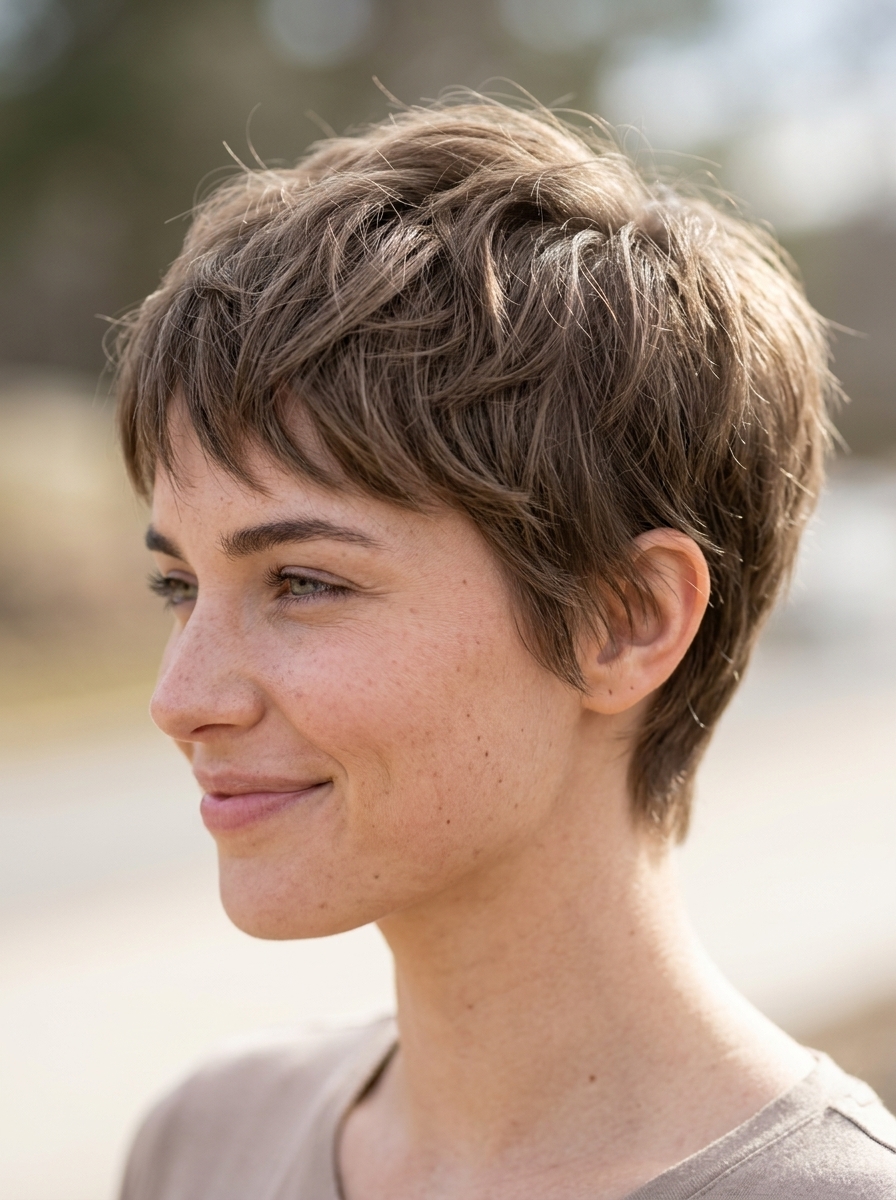 very short pixie haircut in cool mushroom bronze with textured layers and side-swept fringe for weekend