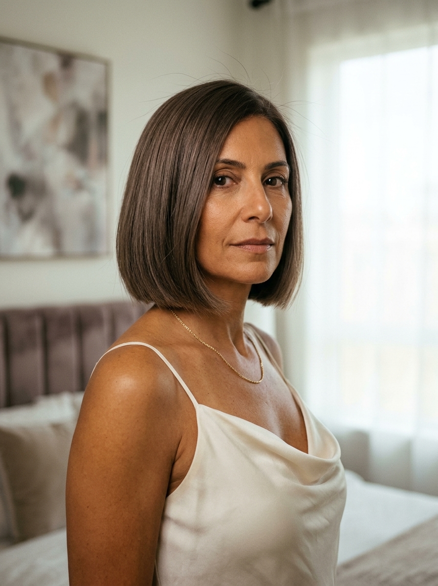 chin-length mushroom brown bob haircut with blunt edges and deep side part for polished look