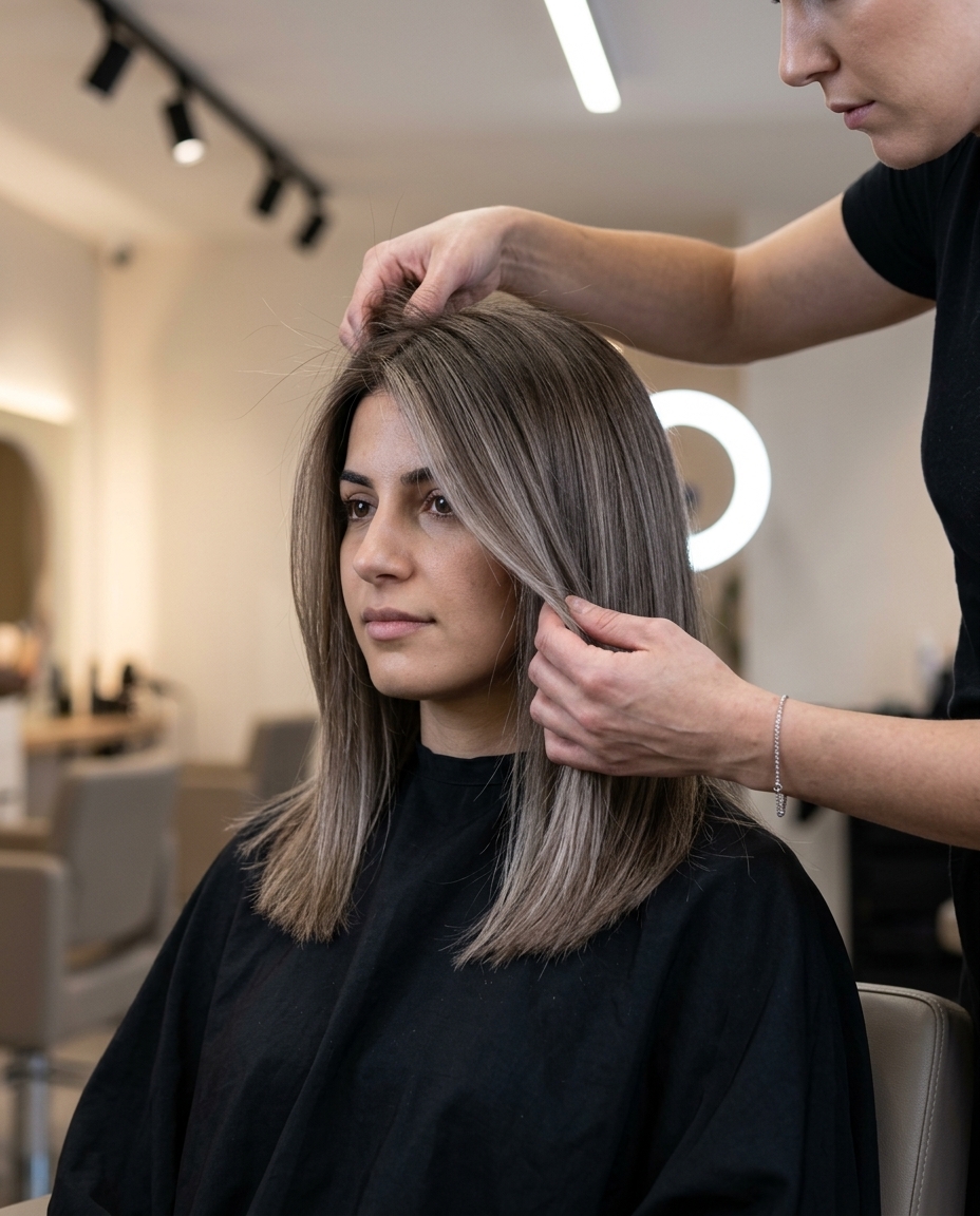 long blunt muted mushroom brown hair with cool beige balayage, subtle foilyage for edgy sophistication
