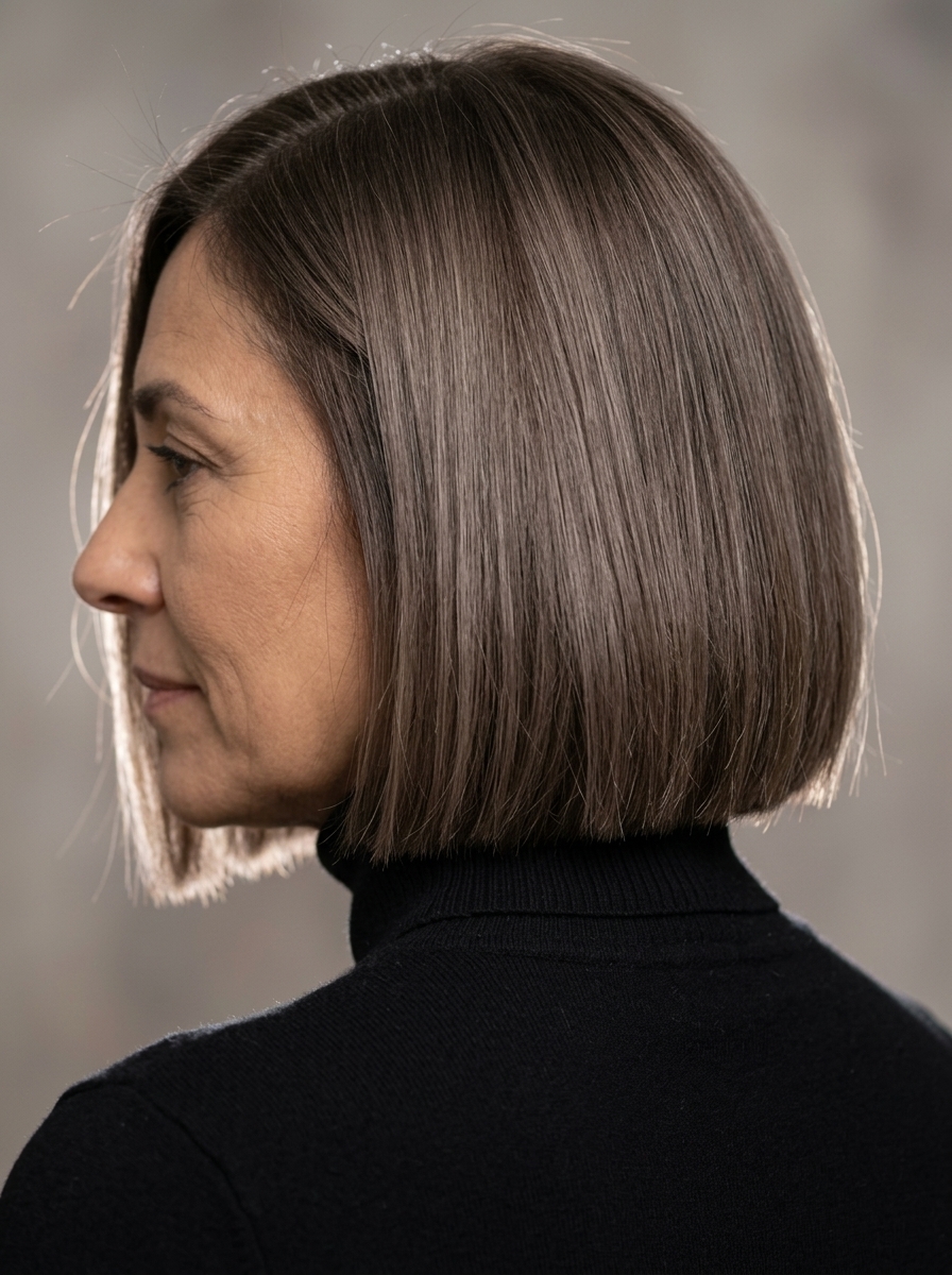 shoulder-length blunt bob haircut in cool mushroom brown with ash balayage and deep side part for professional look