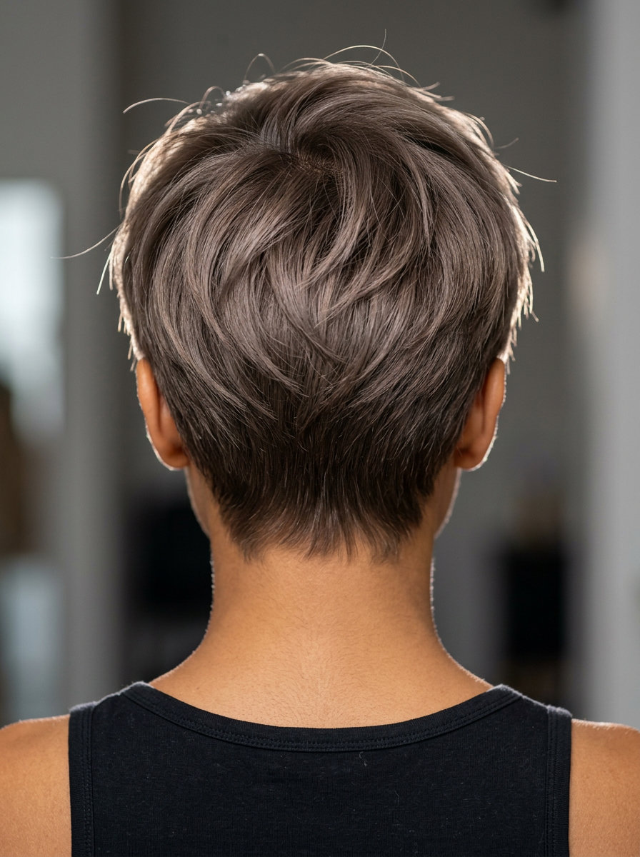 very short pixie haircut with mushroom brown color, textured layers for summer