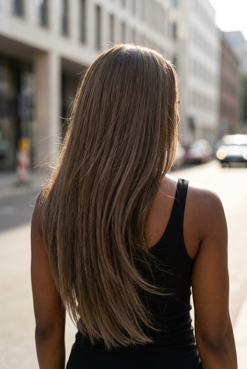 long blunt haircut with cool mushroom brunette & ash lowlights, internal ghost layers for effortless movement — beach day