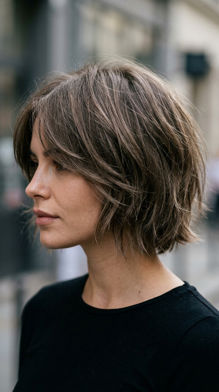 short bixie haircut in cool mushroom brunette with ash babylights and wispy fringe for summer