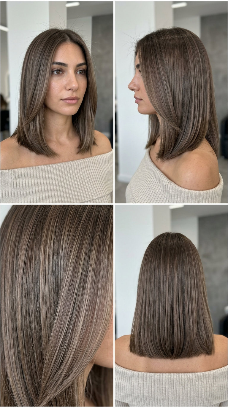 Mushroom Mocha Long Bob 2026 collarbone-length lob with mushroom mocha brunette, blunt perimeter, no bangs — chic & minimalist