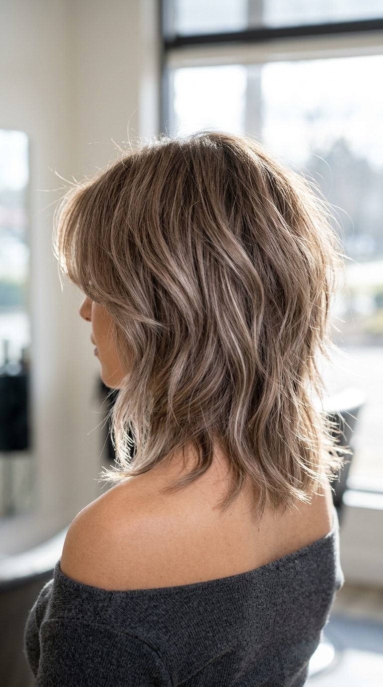 collarbone-length tousled mushroom shag with choppy layers and sweeping curtain bangs