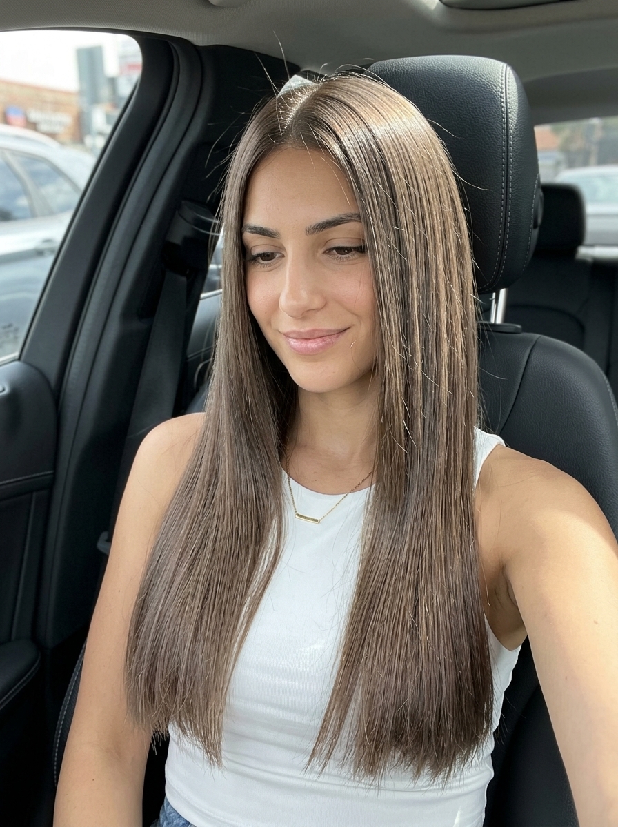 extra-long mushroom pearl ashy mushroom brown hair with blunt cut ends for sophisticated styling