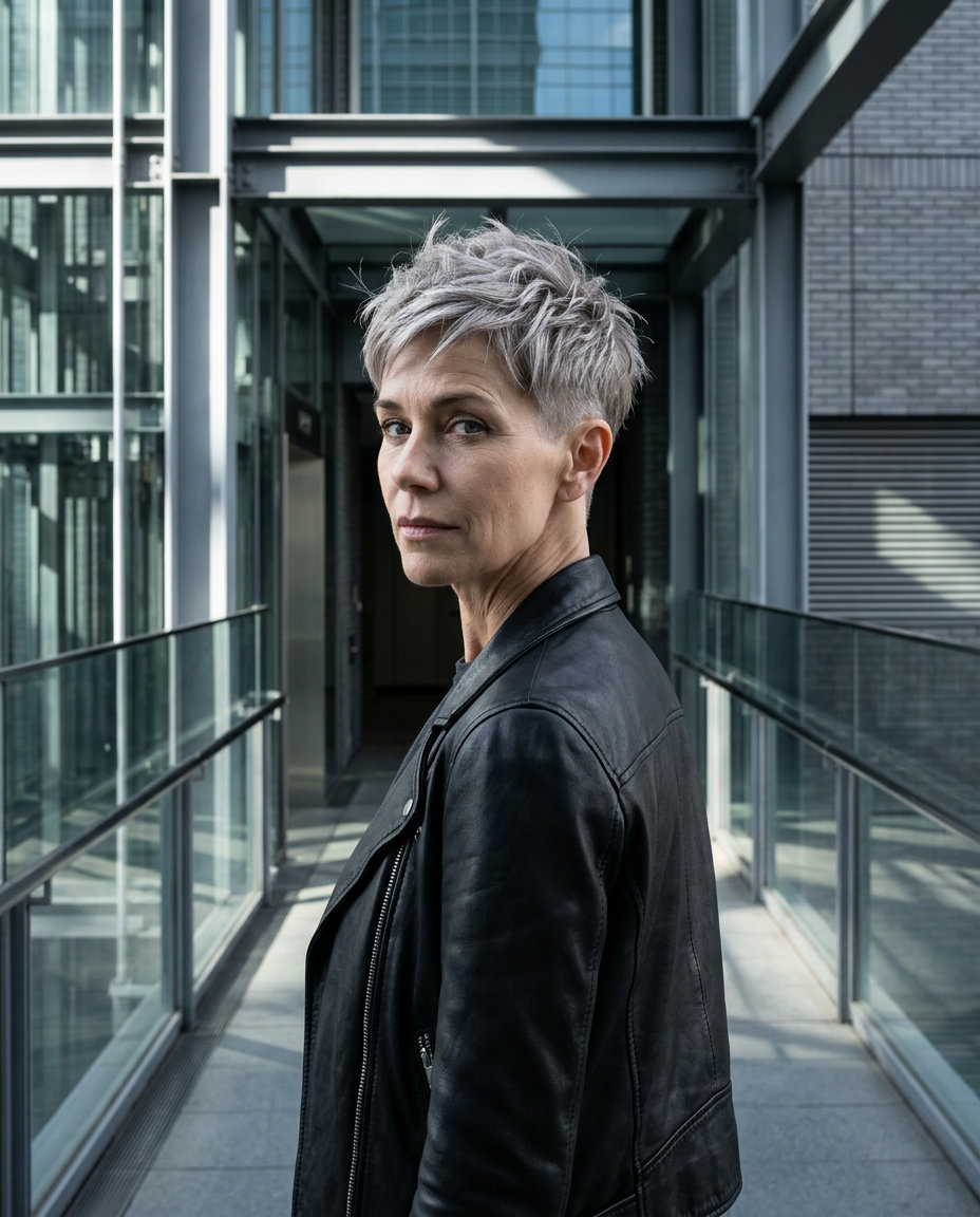 short pixie haircut with mushroom silver, faded nape, swept fringe — modern casual