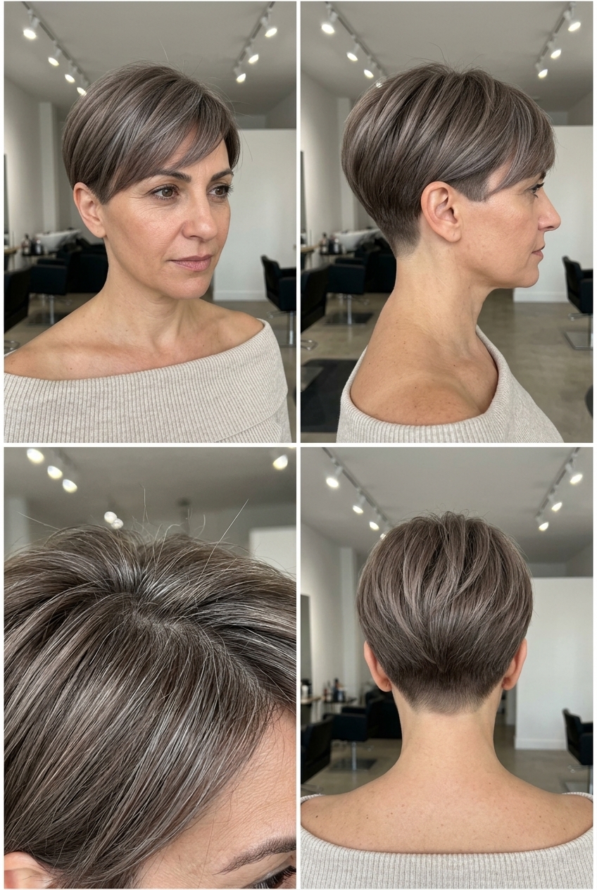 short pixie haircut with mushroom taupe & silver ash, clipper fade, side-swept fringe — minimalist chic