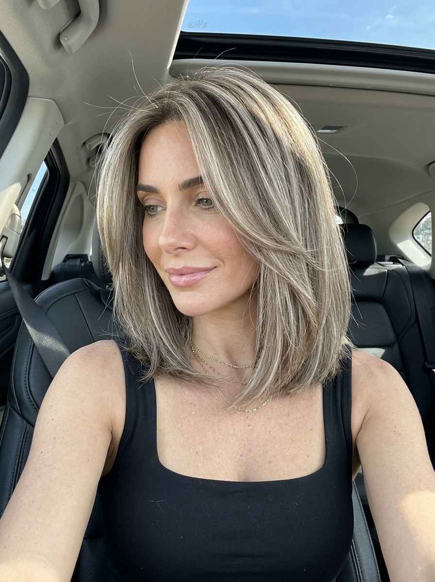 shoulder-grazing lob haircut in mushroom taupe with herringbone highlights and face-framing layers for summer